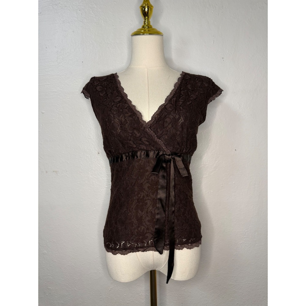Vintage Y2K Merona Women's Small Lace Babydoll Top Brown Coquette Whimsigoth